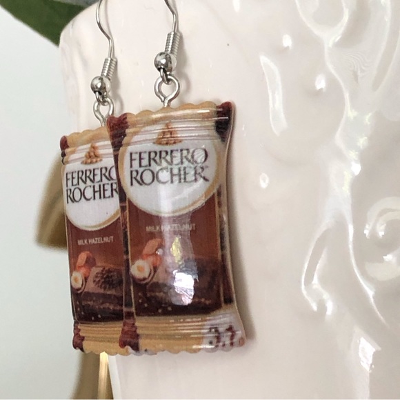 New Chocolate Bar Oversized Dangling Novelty Handcrafted Earrings Ferrero Rocher - Picture 3 of 4